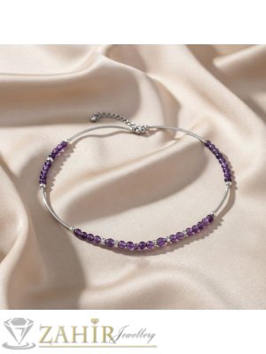 Прелестно ръчно изработено колие от стоманени дъгички, естествен аметист 4 мм, кристални рингове, стоманени накрайници - KA1163